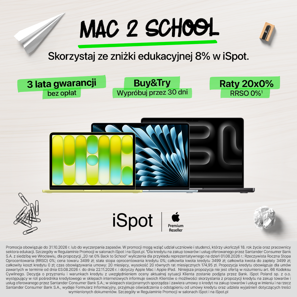 Grafika promocyjna sieci iSpot przedstawia otwarty laptop MacBook Pro i dwa modele iPadów z wybranymi akcesoriami, takimi jak rysik i klawiatura. Na obrazie umieszczono napis „Back to School”, informację o zniżce edukacyjnej do 11% oraz logo marki z podpisem „Apple Premium Partner”.