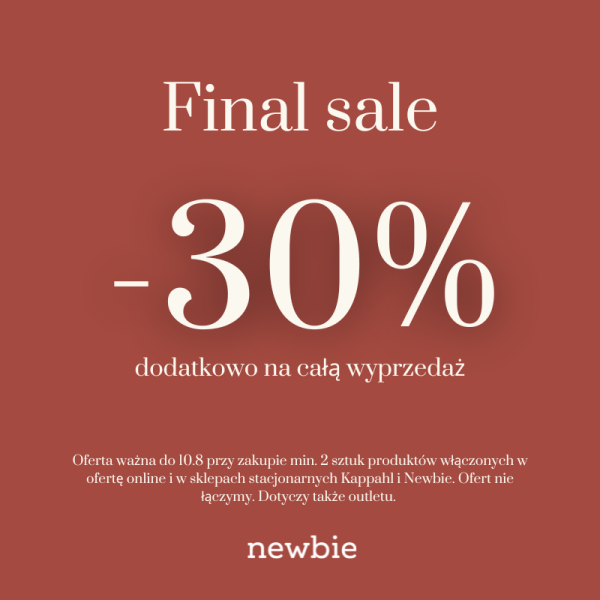 Grafika promocyjna marki Newbie na rdzawo-brązowym tle informuje o finałowej wyprzedaży „Final sale”. Główny element stanowi duży biały napis „-30% dodatkowo na całą wyprzedaż” wraz ze szczegółami oferty na dole.