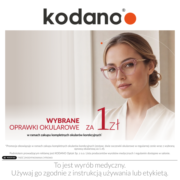 Grafika reklamowa marki Kodano Optyk przedstawia kobietę w przezroczystych, różowych oprawkach okularowych. Na obrazie znajduje się napis informujący o promocji, w której wybrane oprawki można kupić za 1 zł przy zakupie kompletnych okularów korekcyjnych.
