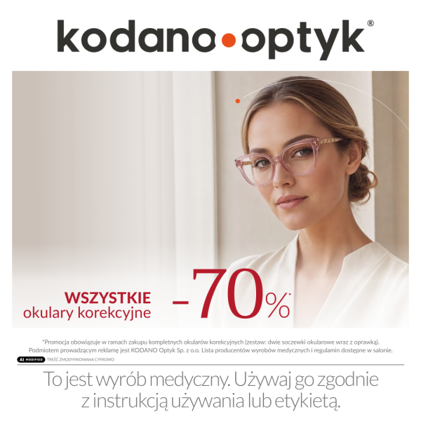 Grafika promocyjna marki Kodano Optyk przedstawia kobietę w różowych oprawkach okularowych i jasnej bluzce. Na pierwszym planie widnieje duży napis informujący o rabacie „-70%” na wszystkie okulary korekcyjne oraz oficjalna klauzula medyczna na dole plakatu.