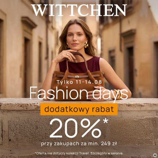 Grafika promocyjna marki Wittchen przedstawia kobietę z brązową torebką opierającą się o kamienny murek na tle miejskiej uliczki. Banner informuje o akcji „Fashion days” w dniach 11–14.08, oferującej dodatkowy rabat 20% przy zakupach za co najmniej 249 zł.