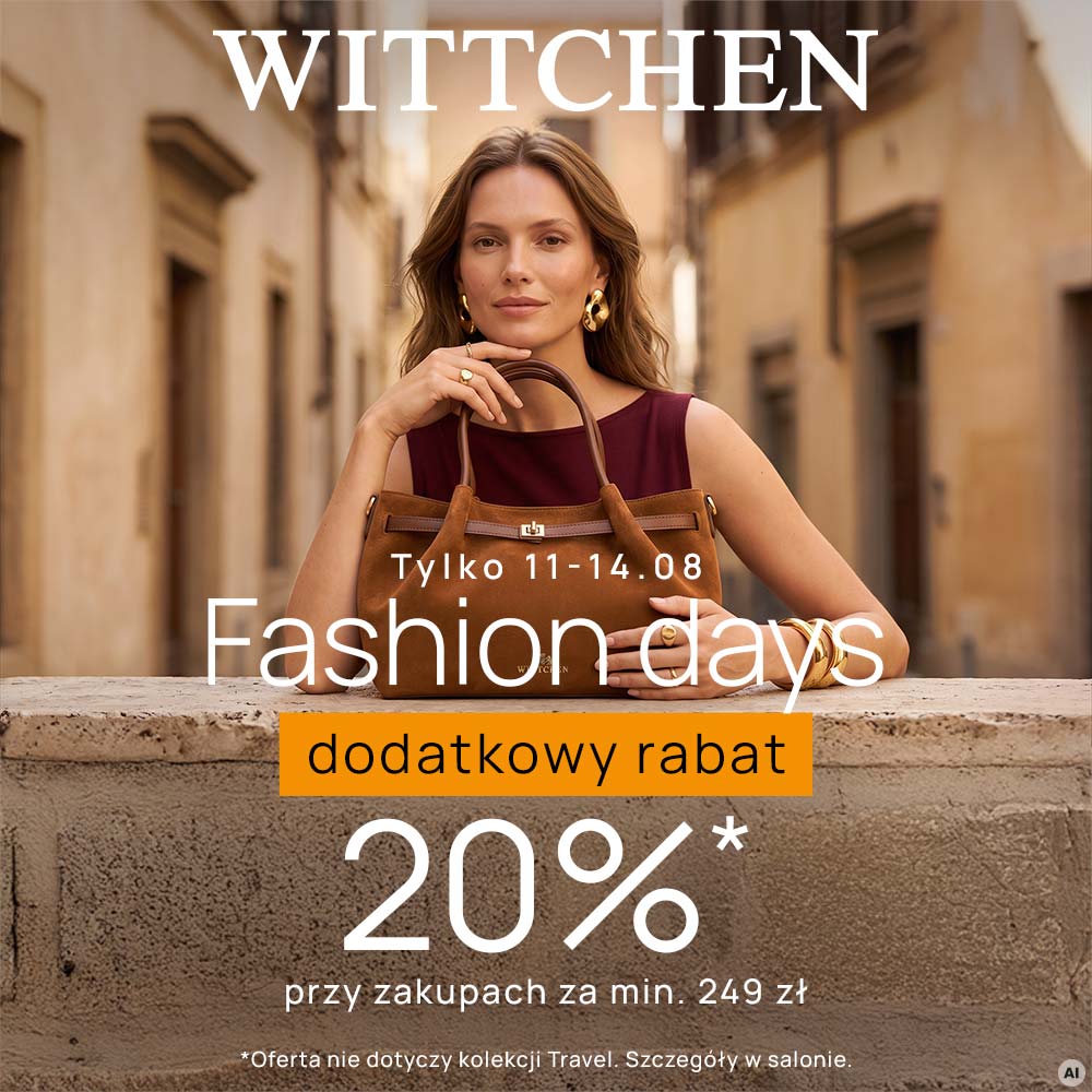 Grafika promocyjna marki Wittchen przedstawia kobietę z brązową torebką opierającą się o kamienny murek na tle miejskiej uliczki. Banner informuje o akcji „Fashion days” w dniach 11–14.08, oferującej dodatkowy rabat 20% przy zakupach za co najmniej 249 zł.