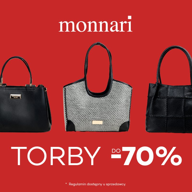 Baner wyprzedażowy marki Monnari na czerwonym tle z informacją „TORBY DO -70%”. Na zdjęciu zaprezentowano trzy damskie torebki w odcieniach czerni i szarości.