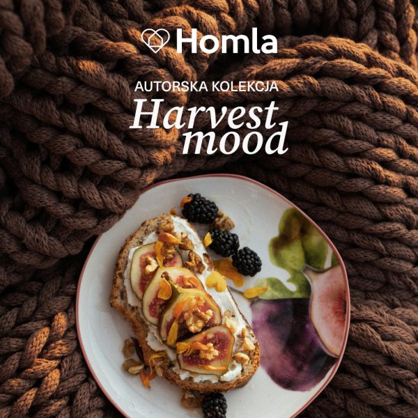 Zdjęcie promocyjne autorskiej kolekcji „Harvest mood” marki Homla. Na talerzu z motywem jesiennych owoców leży kromka chleba z białym twarogiem, plastrami świeżych fig, orzechami i jeżynami, ułożona na tle grubego, brązowego koca o splocie w warkocze. W górnej części widnieje białe logo Homla oraz napis „AUTORSKA KOLEKCJA Harvest mood”.
