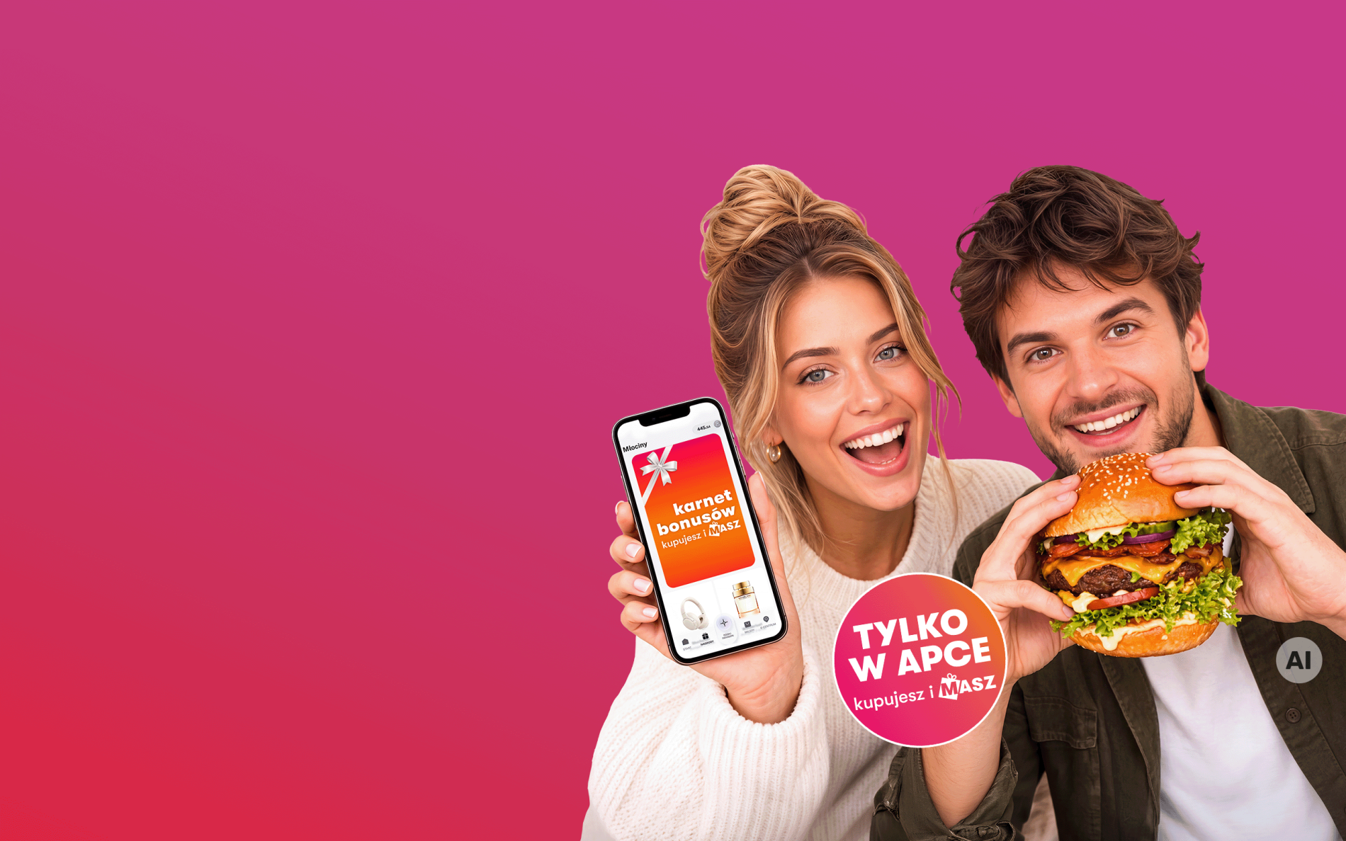Grafika promocyjna akcji „Karnet bonusów” na tle w odcieniach różu. Po prawej stronie widoczna jest para uśmiechniętych osób – kobieta trzyma w ręku smartfon z aplikacją mobilną prezentującą karnet bonusowy, a mężczyzna trzyma apetycznego burgera. W dolnej części znajduje się czerwony okrągły badge z napisem „Tylko w apce, kupujesz i masz”.