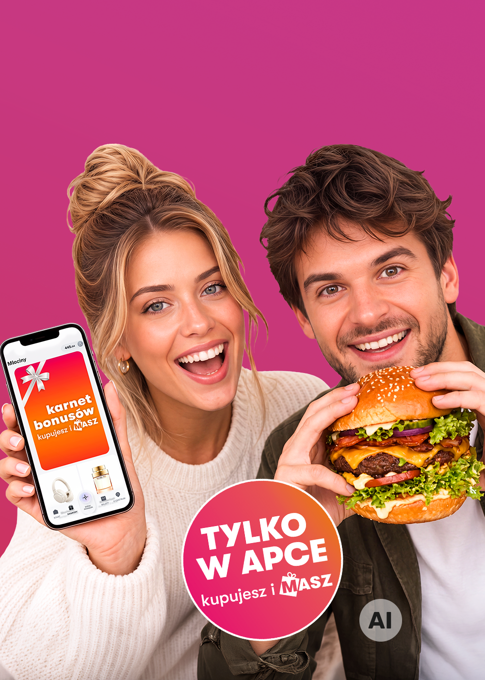 Grafika promocyjna akcji „Karnet bonusów” na tle w odcieniach różu. Po prawej stronie widoczna jest para uśmiechniętych osób – kobieta trzyma w ręku smartfon z aplikacją mobilną prezentującą karnet bonusowy, a mężczyzna trzyma apetycznego burgera. W dolnej części znajduje się czerwony okrągły badge z napisem „Tylko w apce, kupujesz i masz”.