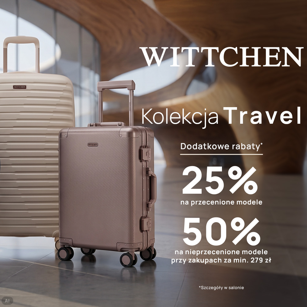 Grafika promocyjna marki WITTCHEN prezentująca kolekcję walizek Travel. Na zdjęciu widoczne są dwie eleganckie walizki na kółkach w jasnym i różowozłotym kolorze, ustawione w nowoczesnym wnętrzu. W prawym górnym rogu znajduje się duże logo marki WITTCHEN oraz napis „Kolekcja Travel”. Informacje o rabatach obejmują 25% dodatkowego rabatu na przecenione modele oraz 50% na modele nieprzecenione przy zakupach za min. 279 zł. U dołu widoczny jest przypis z informacją „Szczegóły w salonie”.