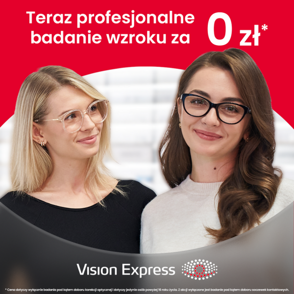 Grafika promocyjna sieci Vision Express informująca o akcji „Teraz profesjonalne badanie wzroku za 0 zł”. Na czerwonym tle w centralnej części widoczne są dwie uśmiechnięte kobiety w okularach korekcyjnych – po lewej w jasnych oprawkach, a po prawej w czarnych. U dołu znajduje się logo Vision Express oraz przypis regulaminowy dotyczący warunków badania.