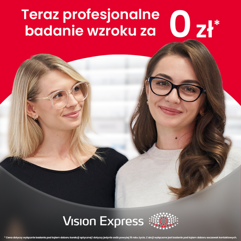 Grafika promocyjna sieci Vision Express informująca o akcji „Teraz profesjonalne badanie wzroku za 0 zł”. Na czerwonym tle w centralnej części widoczne są dwie uśmiechnięte kobiety w okularach korekcyjnych – po lewej w jasnych oprawkach, a po prawej w czarnych. U dołu znajduje się logo Vision Express oraz przypis regulaminowy dotyczący warunków badania.