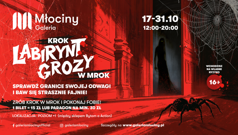 Galeria Młociny Krok w mrok Labirynt Grozy interaktywna atrakcja na Halloween mroczna sylwetka w drzwiach i pająk