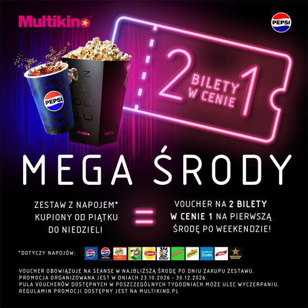 Neonowy różowy bilet z napisem „2 bilety w cenie 1”, obok niebieski kubek Pepsi z rozpryskiem napoju i czarne pudełko popcornu, nad hasłem „Mega Środy”