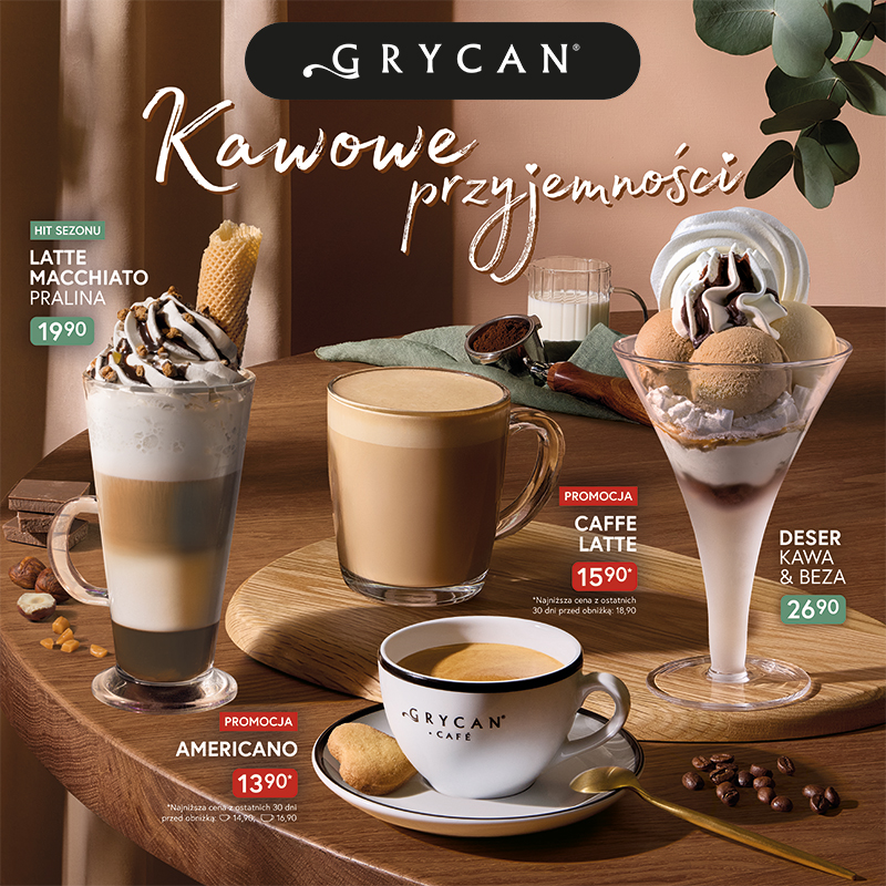 Filiżanki z kawą Americano i Caffe Latte, szklanka z Latte Macchiato Pralina oraz deser Kawa i Beza na stole z logo Grycan w Galerii Młociny w Warszawie