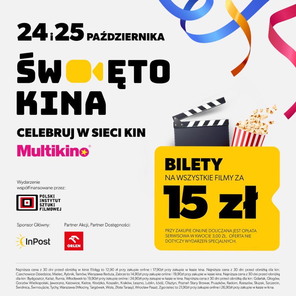 Kolorowy plakat informujący o akcji Święto Kina w sieci Multikino w dniach 24 i 25 października z informacją o biletach po 15 zł w Galerii Młociny w Warszawie