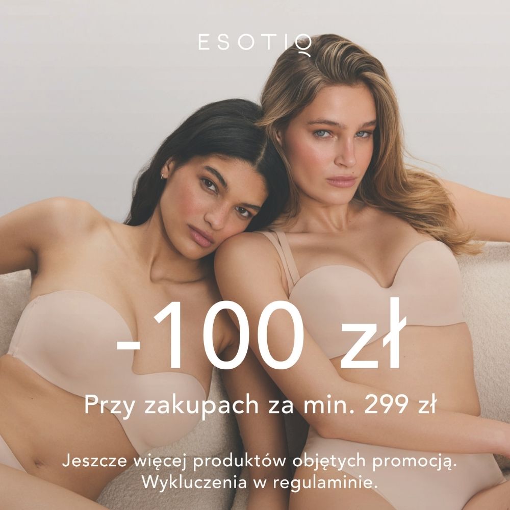 Grafika promocyjna marki Esotiq informująca o rabacie 100 zł. W górnej części znajduje się logo marki „ESOTIQ”. Na zdjęciu widoczne są dwie modelki w beżowej bieliźnie, pozujące na jasnym tle. W centralnej części umieszczono duży napis z wysokością rabatu „-100 zł” oraz informację o warunku promocji „Przy zakupach za min. 299 zł”. U dołu zamieszczono dodatkowy komunikat o produktach objętych promocją oraz wykluczeniach w regulaminie.