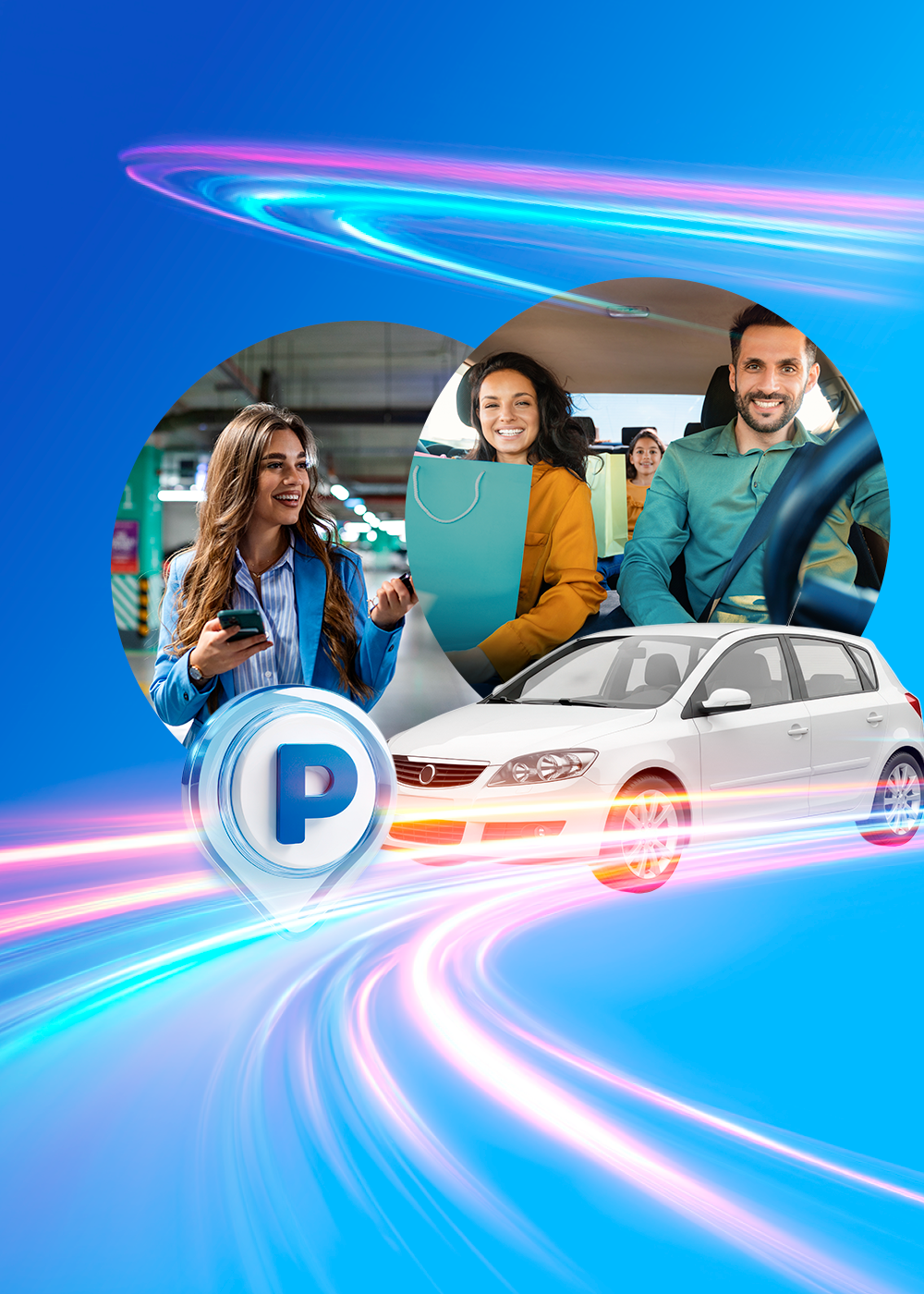 Grafika informacyjna dotycząca sytuacji na parkingu w Galerii Młociny. Na dynamicznym niebieskim tle z neonowymi smugami światła umieszczono ikony i zdjęcia przedstawiające zadowolonych klientów: kobietę z telefonem na parkingu wielopoziomowym oraz rodzinę z dzieckiem siedzącą w samochodzie wypełnionym torbami z zakupami. W dolnej części widoczny jest biały samochód osobowy oraz niebieski znacznik mapy z literą „P” symbolizujący parking.