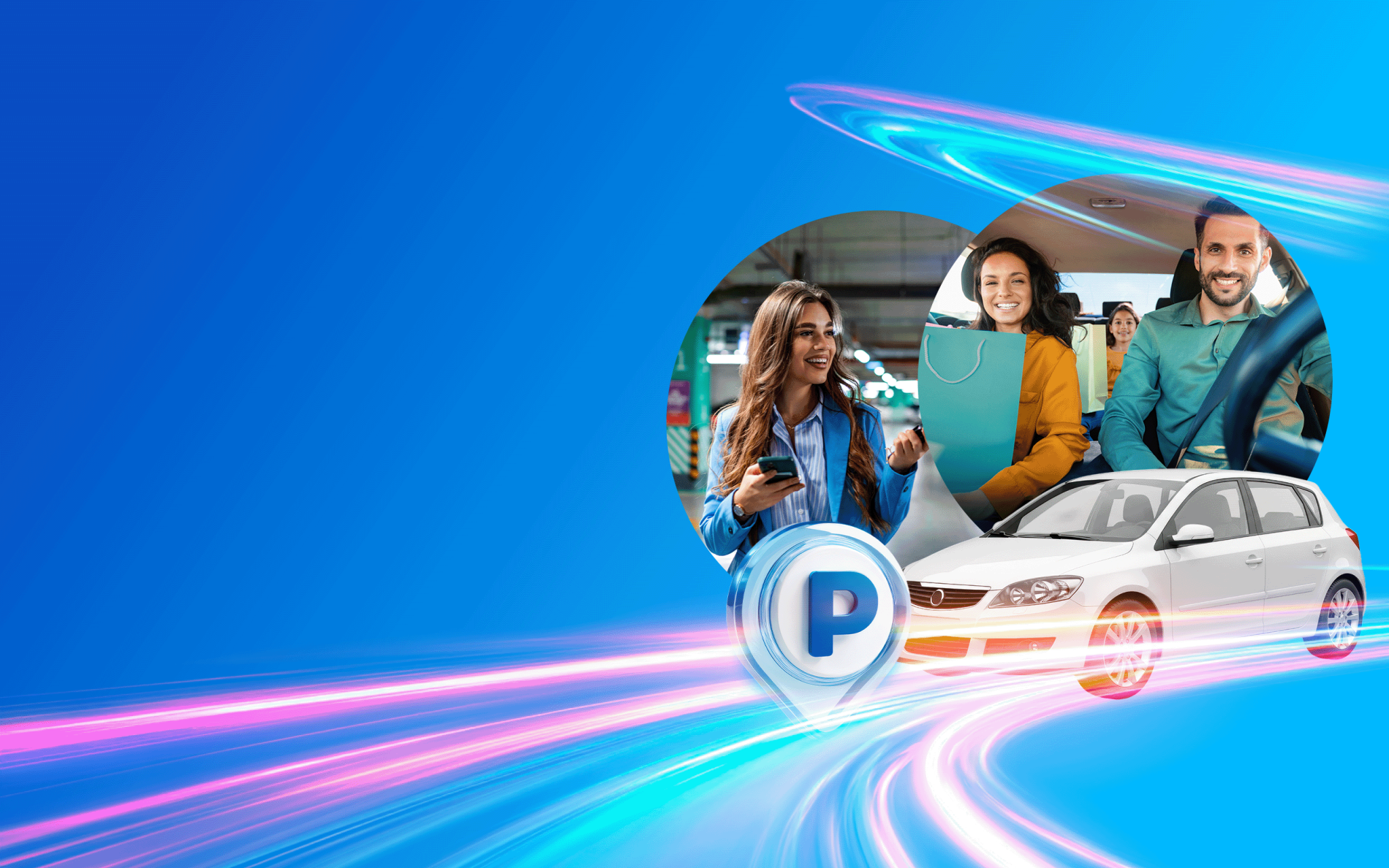 Grafika informacyjna dotycząca sytuacji na parkingu w Galerii Młociny. Na dynamicznym niebieskim tle z neonowymi smugami światła umieszczono ikony i zdjęcia przedstawiające zadowolonych klientów: kobietę z telefonem na parkingu wielopoziomowym oraz rodzinę z dzieckiem siedzącą w samochodzie wypełnionym torbami z zakupami. W dolnej części widoczny jest biały samochód osobowy oraz niebieski znacznik mapy z literą „P” symbolizujący parking.